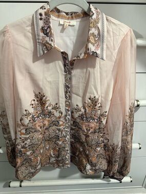 Peach Floral Paisley Button-Front Blouse